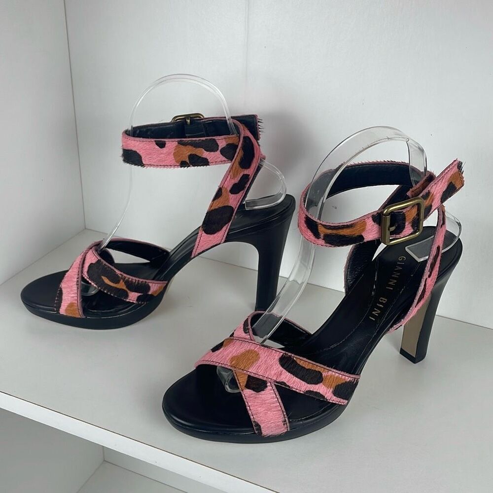 Gianni Bini Veronica Leopard Print Hair on Hide Strappy Heeled Sandals 8